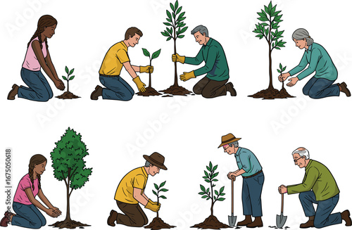 Diverse people planting trees, environmental conservation teamwork, eco-friendly gardening activity, reforestation illustration promoting sustainability, green lifestyle and nature care.