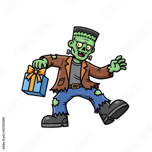 Cartoon Frankenstein Character Holding a Gift with a Cheerful Expression on a Transparent Background