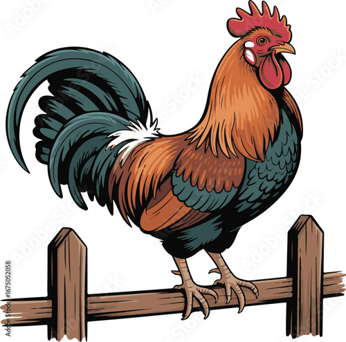 Farmyard Rooster Vector Drawing Colorful Bird on Fence with Decorative Feathers
