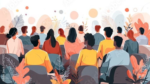 Business training seminar and educational workshop with group of employees sitting in auditorium listening to corporate presentation and staff meeting lecture focused on professional development and t