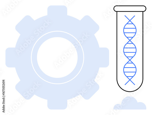 DNA strand inside test tube alongside gear, highlighting scientific exploration, engineering, and innovation. Ideal for biology, genetics, research, technology, development biotechnology medical