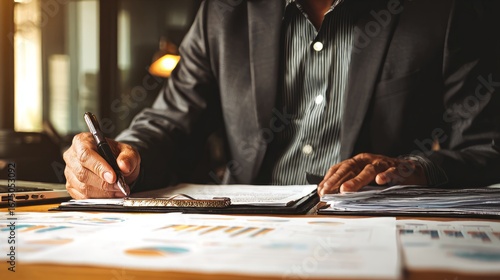 Businessman working in modern office with documents on desk while reviewing financial report, planning business strategy, analyzing investment opportunities, and conducting finance management for corp