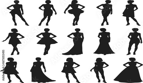 Fashion silhouette collection of women in stylish dresses, elegant poses, trendy outfits, modern glamour models, isolated black silhouettes for fashion, design, and art concepts.