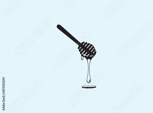 Flat silhouette vector of honey pot and dipper with droplet
