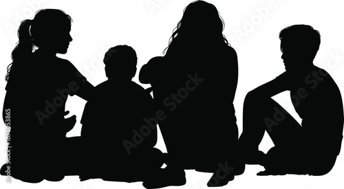 Group of people sitting on floor, casual conversation, social interaction, friendship, teamwork, diverse friends or family, relaxed atmosphere, communication, bonding