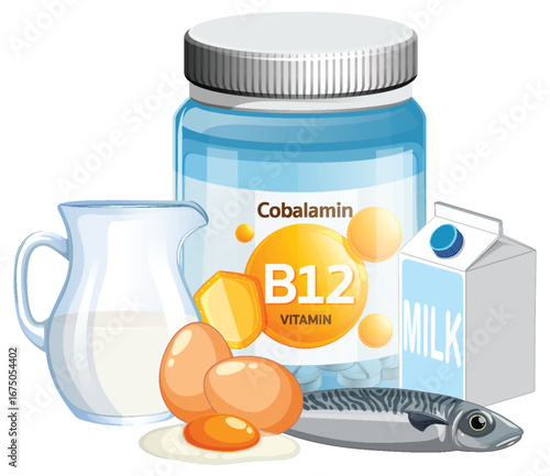 Vitamin B12 Sources With Dairy, Eggs, and Fish Illustration