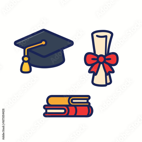 Graduation Cap, Diploma, and Books Vector Illustration