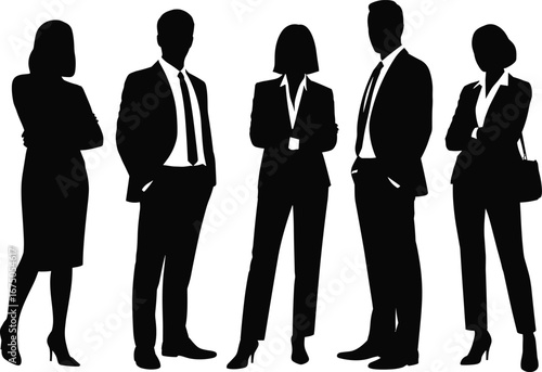 Professional business team standing confidently, diverse male and female silhouettes in formal suits, corporate environment, teamwork, leadership