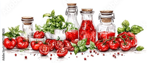 Still Life with Tomatoes, Basil, and Homemade Tomato Sauce.