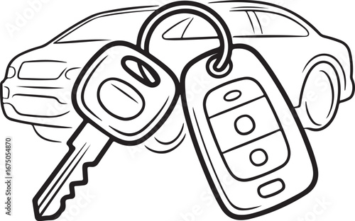 Hand-Drawn Car Key with Key Fob Sketch Minimal Black Outline Vector Automobile Accessory Graphic