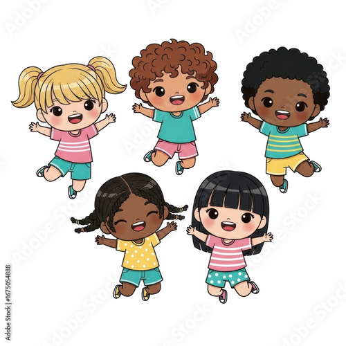 Group of Happy Diverse Children Jumping Together in Colorful Clothing with Joyful Expressions