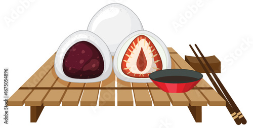Japanese Mochi and Tea on Bamboo Mat Illustration