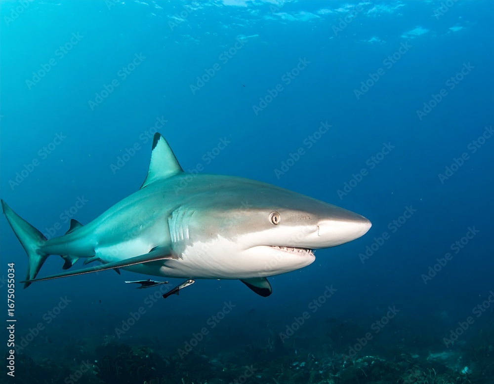 Fototapeta premium A Grey Reef Shark Swims Gracefully Through The Clear Blue Ocean Waters.
