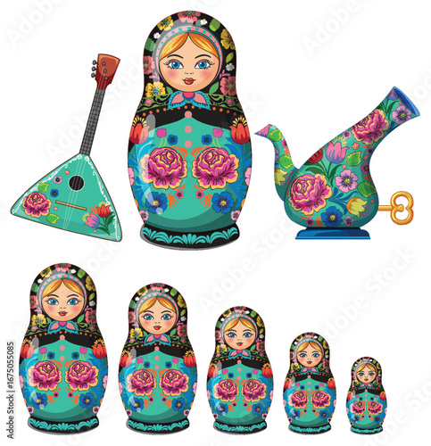 Traditional Russian Nesting Dolls with Balalaika and Samovar