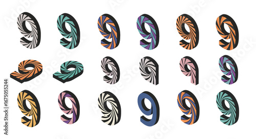 Isometric number nine collection featuring colorful swirling patterns and 3D typography design elements.