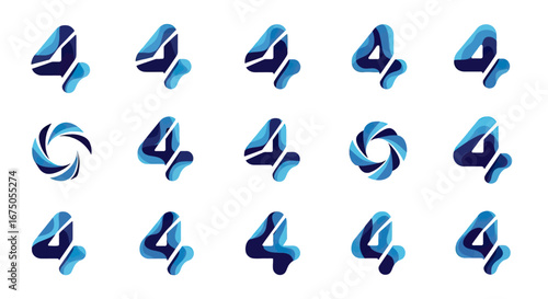 Collection of stylized blue number 4 logos with fluid wave-like design elements