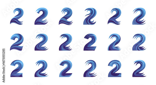 Stylized Blue Wave Numbers Two with Flowing Aquatic Design