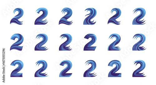 Collection of Stylized Number Two Icons with Blue and Purple Ocean Wave Motifs