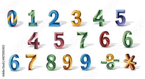 Colorful set of three-dimensional numbers and symbols with vibrant, swirling patterns and soft shadows.