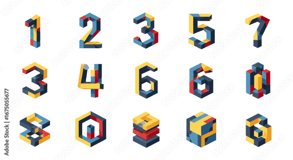 Fototapeta premium Isometric 3D Geometric Numbers and Symbols in Blue, Yellow, and Red
