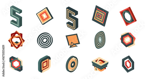 A diverse set of retro-style isometric geometric shapes, icons, and symbols in a muted color palette.