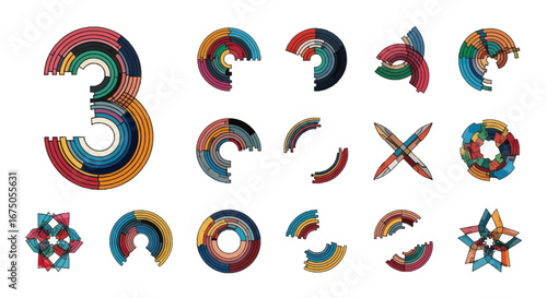 Geometric Shapes: Colorful Circular Segments and Starbursts on White