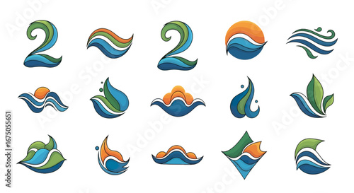 Colorful set of abstract nature logos with fluid wave, sun, and leaf motifs in blue, green, and orange.