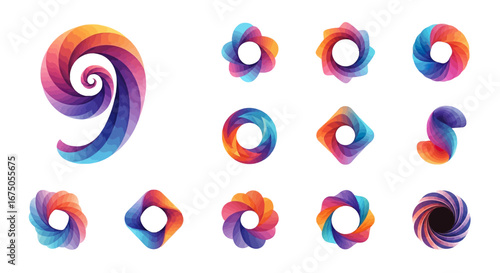 Collection of vibrant gradient abstract logo icons with layered spiral and swirl designs.