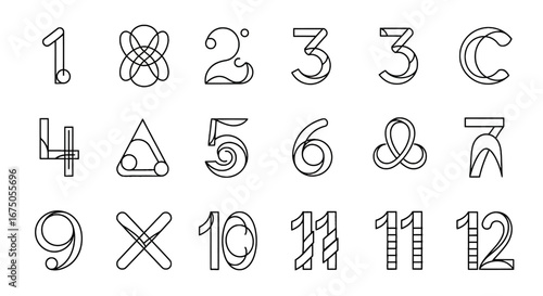 Collection of creative, modern, linear numbers and abstract symbols. A unique typographic set with a black outline style.