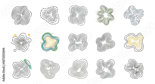 Set of abstract topographic map contour lines and organic wavy shapes with minimalist design elements.