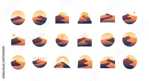 Collection of Desert Dune Logos with Sun, Gradient Sand, and Various Shapes