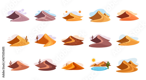 Set of colorful flat design sand dune icons. Stylized desert landscape illustrations with cacti, sun, and oasis elements.