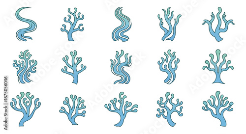 A stylized set of aquatic plants, seaweed, and coral illustrations with blue-green gradients and outlines.