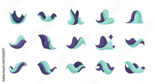 Collection of abstract flowing shapes in teal and deep purple