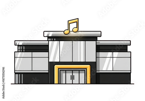 Modern Architectural Building with Musical Notes Symbol on Transparent Background