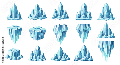 Collection of cartoon blue ice formations, including sharp crystalline spikes, glaciers, and frozen blocks.
