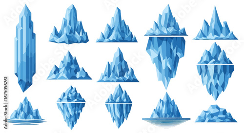 A collection of blue, geometric, low-poly iceberg illustrations with crystalline facets.