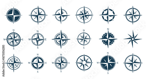 Collection of diverse dark blue compass rose designs, navigation symbols with cardinal points