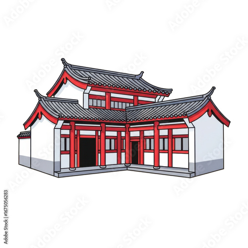 Traditional Chinese Architectural Building with Ornate Red and White Design