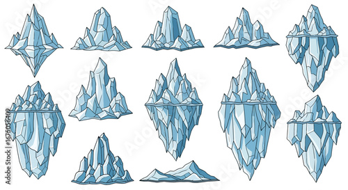 Set of stylized cartoon icebergs, angular blue and white ice formations, some showing submerged parts.