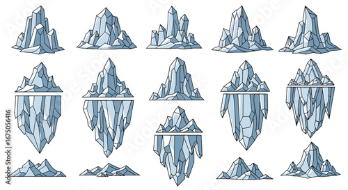 Collection of Stylized Icebergs with Jagged Peaks and Submerged Sections