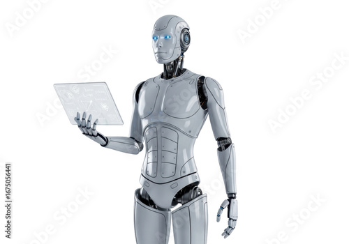Futuristic Android Holding a Digital Tablet with Blue Glowing Elements in a Transparent Environment