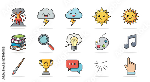 Collection of Cute Cartoon Doodle Icons for Weather, Education, and Art