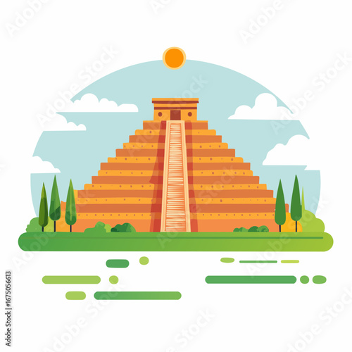 Colorful Flat Design Illustration Of Ancient Mexican Pyramid