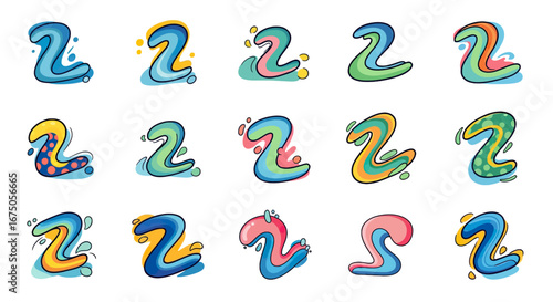 Vibrant collection of stylized number two illustrations in a playful, fluid cartoon style with various patterns and colors.