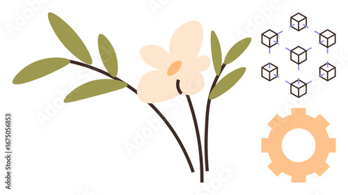 Flowering branches blend with interconnected cubes and a gear, symbolizing synergy of nature, technology, and innovation. Ideal for sustainability, biotech, tech synergy, growth, eco-tech