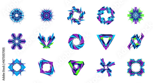 A vibrant collection of abstract geometric shapes and kaleidoscopic symbols in cool blue, purple, and green tones.