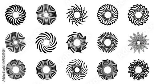 Collection of Black and White Abstract Swirling Spiral and Geometric Designs