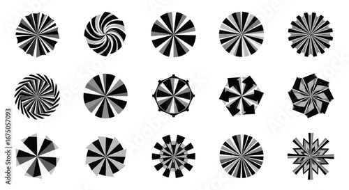 A diverse collection of monochrome geometric circular icons featuring radial, spiral, and starburst patterns.