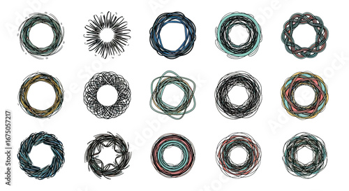 Collection of hand-drawn abstract circular frames, sketchy wreaths, and tangled scribble designs.